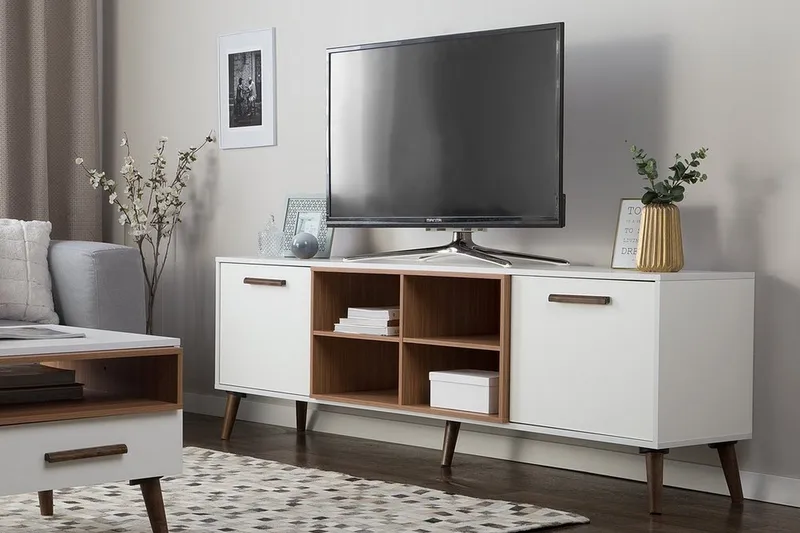 Alloa Gulvstående TV Bænk 180 cm med Opbevaring i Lyst Træ - Hvid - Møbler - TV borde & mediemøbler - TV-borde