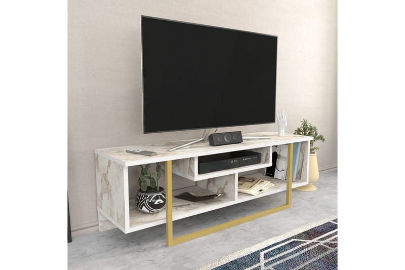 Andifli Gulvstående Tv-bord 120 cm med Opbevaring i Træ med Metalunderstel og Stenlook - Hvid - Møbler - TV borde & mediemøbler - TV-borde