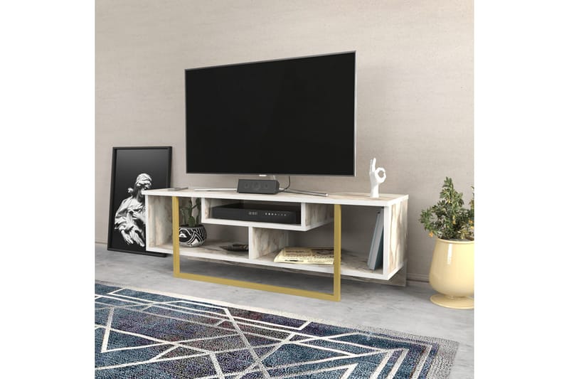 Andifli Gulvstående Tv-bord 120 cm med Opbevaring i Træ med Metalunderstel og Stenlook - Hvid - Møbler - TV borde & mediemøbler - TV-borde