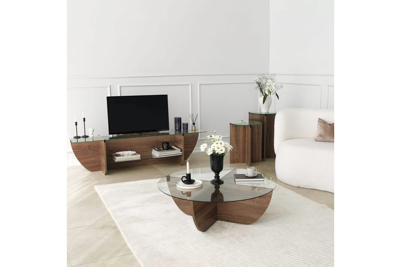 Andifli Gulvstående TV-bord 158 cm med Opbevaring i Træ med Glasplade - Brun - Møbler - TV borde & mediemøbler - TV-borde