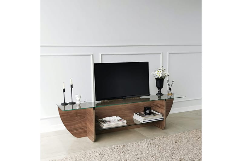 Andifli Gulvstående TV-bord 158 cm med Opbevaring i Træ med Glasplade - Brun - Møbler - TV borde & mediemøbler - TV-borde