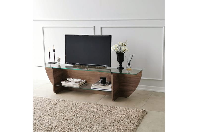 Andifli Gulvstående TV-bord 158 cm med Opbevaring i Træ med Glasplade - Brun - Møbler - TV borde & mediemøbler - TV-borde