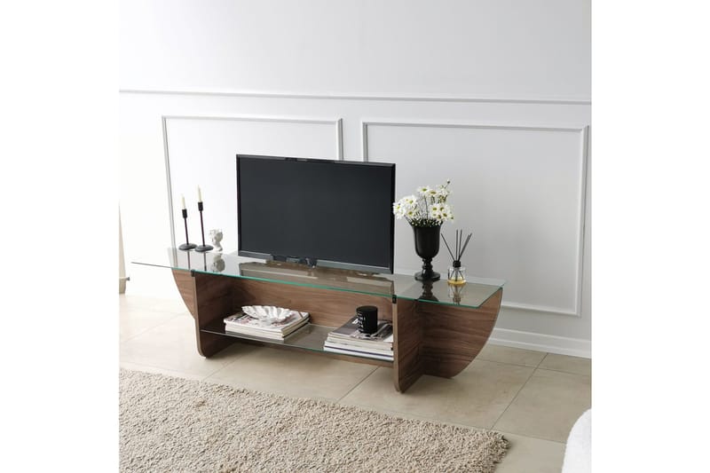 Andifli Gulvstående TV-bord 158 cm med Opbevaring i Træ med Glasplade - Brun - Møbler - TV borde & mediemøbler - TV-borde