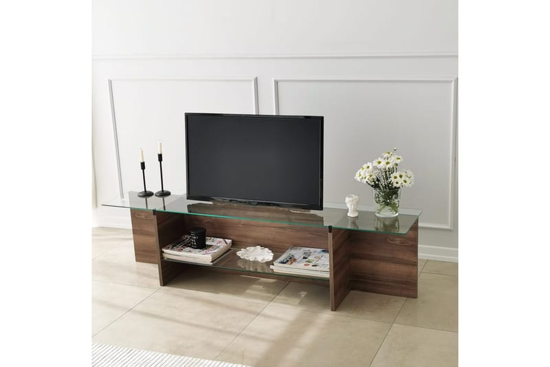 Andifli TV-bord 158 cm med Opbevaring i Træ med Glasplade - Brun - Møbler - TV borde & mediemøbler - TV-borde