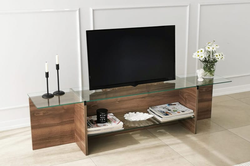 Andifli TV-bord 158 cm med Opbevaring i Træ med Glasplade - Brun - Møbler - TV borde & mediemøbler - TV-borde