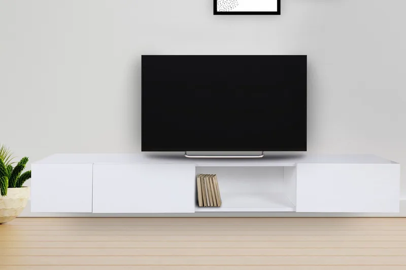 Bawinkel Vægmonteret Tv-bord 180 cm med Opbevaring i Malet Træ, Hvid