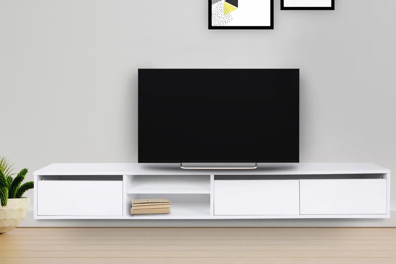 Belgium Vægmonteret Tv-bord 180 cm med Opbevaring i Malet Træ, Hvid