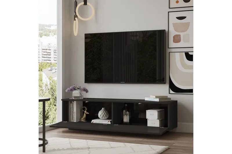 Caswell Gulvstående Tv-bænk 140 cm med Opbevaring i Malet Træ - Sort - Møbler - TV borde & mediemøbler - TV-borde