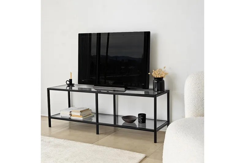 Condurso Fritstående Tv-bord 130 cm i Metal og Glas, Røggrå