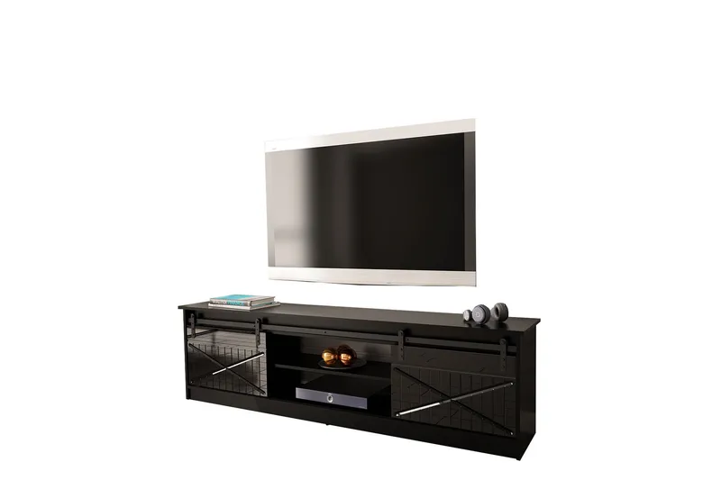 Fritstående Tv-bord 200 cm med Opbevaring i Malet Træ, Sort