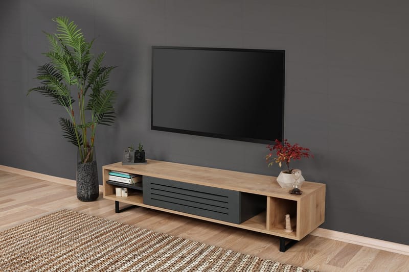 Gersby Gulvstående TV-bænk 160 cm med Opbevaring i Lyst Træ - Grå|Beige - Møbler - TV borde & mediemøbler - TV-borde