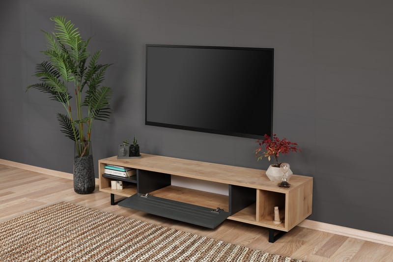 Gersby Gulvstående TV-bænk 160 cm med Opbevaring i Lyst Træ - Grå|Beige - Møbler - TV borde & mediemøbler - TV-borde