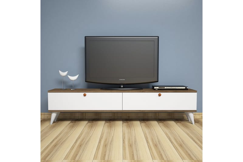 Gersby Gulvstående TV-bænk 160 cm med Opbevaring i Mørkt Træ - Hvid - Møbler - TV borde & mediemøbler - TV-borde
