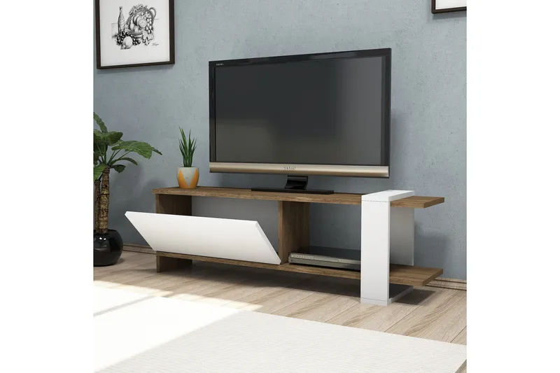 Gersby Gulvstående Tv-bord 120 cm med Opbevaring i Mørkt Træ - Hvid|Brun - Møbler - TV borde & mediemøbler - TV-borde
