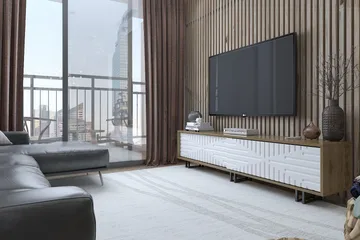 Hejde Fritstående TV-bord 180 cm med Opbevaring i Mørkt Træ - Hvid|Brun - Møbler - TV borde & mediemøbler - TV-borde