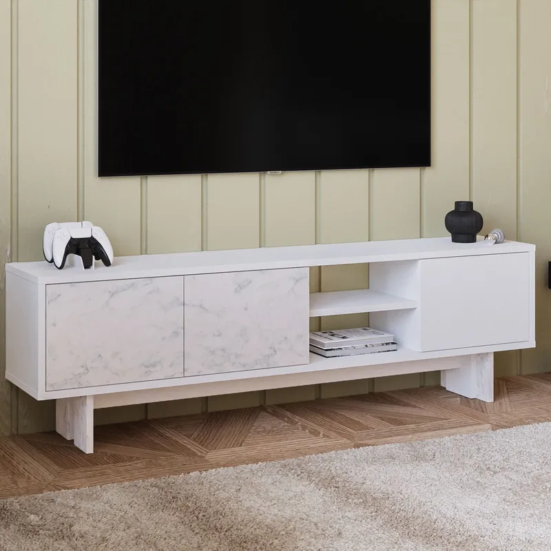 TV-bord Homitis Ravello (150 x 45 x 30 cm) Hvid marmor - Møbler - TV borde & mediemøbler - TV-borde
