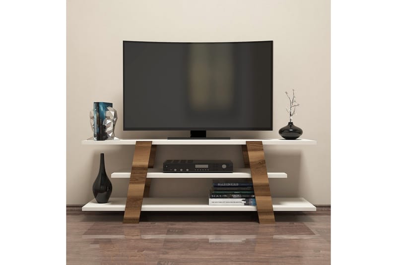 Hovdane Gulvstående TV Bænk 120 cm med Opbevaring i Mørkt Træ - Flødehvid - Møbler - TV borde & mediemøbler - TV-borde
