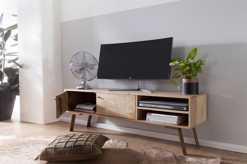 Innella Fritstående Tv-bord 145 cm med Opbevaring i Træ med Metalben - Lys Natur - Møbler - TV borde & mediemøbler - TV-borde