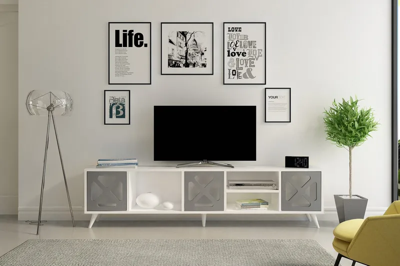 Kallboda Gulvstående TV-bænk 180 cm med Opbevaring i Malet Træ - Hvid - Møbler - TV borde & mediemøbler - TV-borde