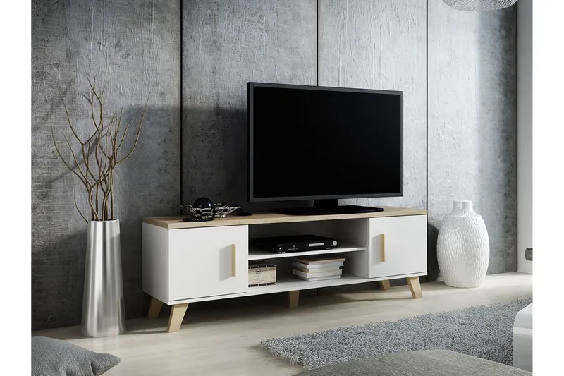 Kardos Gulvstående TV-bænk 160 cm med Opbevaring i Eg, Hvid|Beige