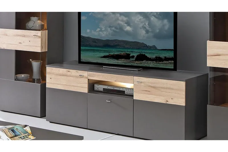 Lianne TV-Bord 150 cm 2 Låger Skuffe inkl Belysning - Plank Eg/Grå - Møbler - TV borde & mediemøbler - TV-borde