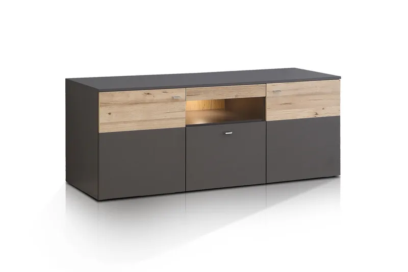 Lianne TV-Bord 150 cm 2 Låger Skuffe inkl Belysning, Plank Eg/Grå