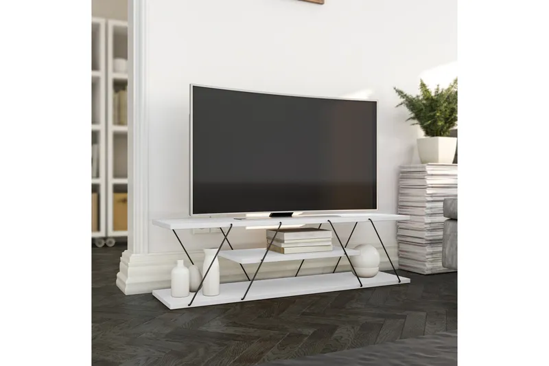 Ljusfors Gulvstående TV-bænk 120 cm med Opbevaring i Malet Træ - Hvid - Møbler - TV borde & mediemøbler - TV-borde