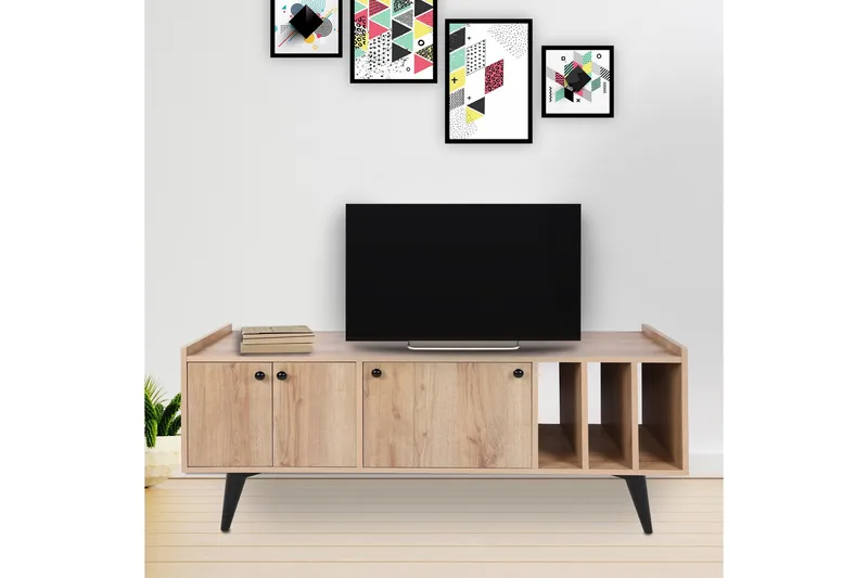 Maolina Retro Tv-bord 150 cm med Opbevaring i Træ, Lysebrun