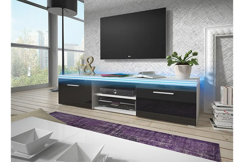 Mira TV-bænk 150 cm 2 Låger + 2 Hylder + LED-belysning, Sort