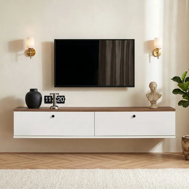 TV-bord Nordure Ligne (140 x 25 x 25 cm) Atlantisk fyr hvid - Atlantic Pine og hvid - Møbler - TV borde & mediemøbler - TV-reol