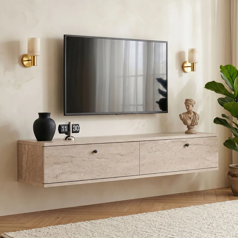 TV-bord Nordure Ligne (140 x 25 x 25 cm) Travertin, Travertin