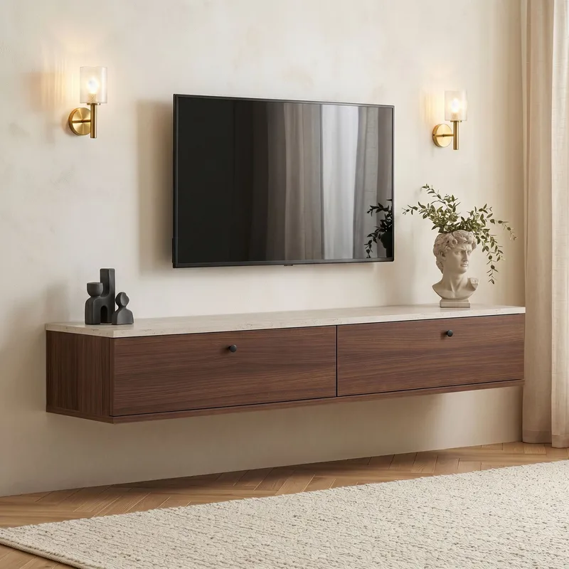 TV-bord Nordure Ligne (160 x 25 x 25 cm) Travertin valnød, Travertin og valnød