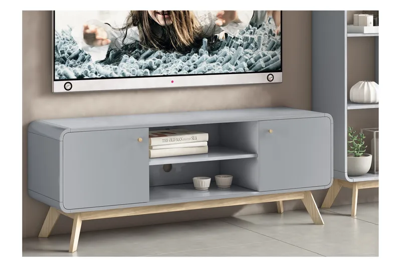 Olivet TV-bænk Rektangulær 140 cm med Opbevaring i Malet Træ - Grå - Møbler - TV borde & mediemøbler - TV-borde
