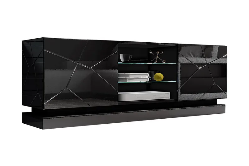 Qiu Fritstående Tv-bord 160 cm med Opbevaring i Malet Træ, Sort