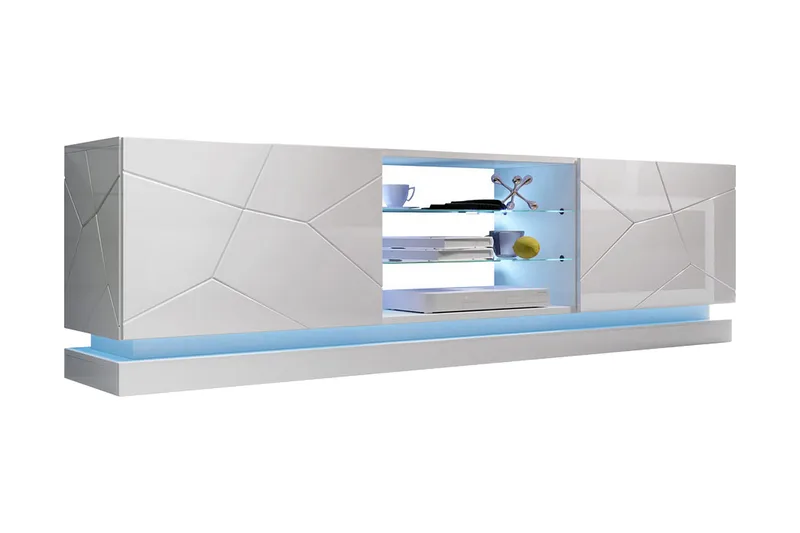 Qiu TV-bænk med Opbevaring + Hylder 200 cm, Hvid / Højglans / Glas