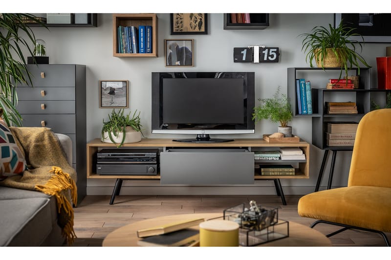 Ribbon TV-Bord 160 cm med Opbevaring Træ/Natur/Grå/Sort - VOX - Møbler - TV borde & mediemøbler - TV-borde