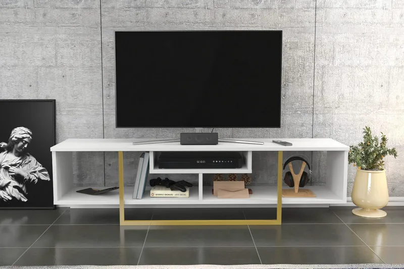 Rinorea Fritstående Tv-bord 150 cm med Opbevaring i Malet Træ - Hvid - Møbler - TV borde & mediemøbler - TV-borde