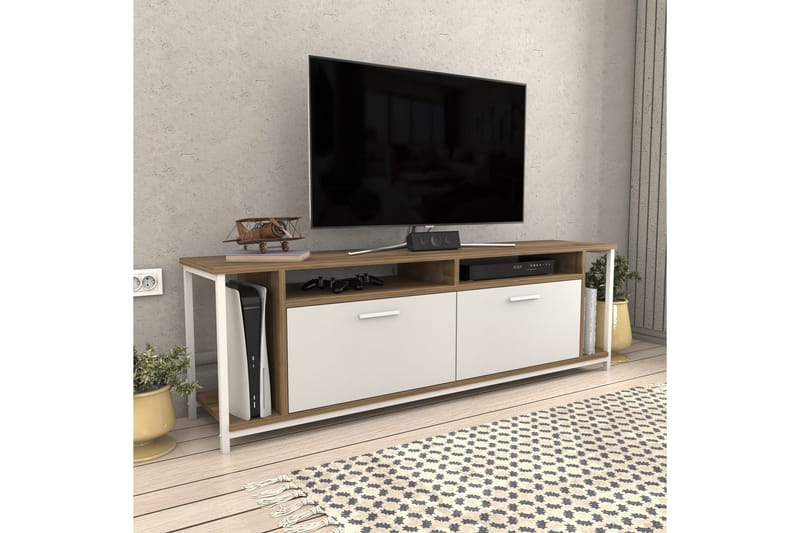 Rinorea Fritstående Tv-bord 160 cm med Opbevaring i Malet Træ - Hvid|Brun - Møbler - TV borde & mediemøbler - TV-borde
