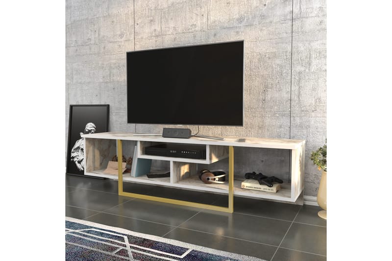 Rinorea Gulvstående TV-bænk 150 cm i Træ med Metalunderstel og Opbevaring - Hvid - Møbler - TV borde & mediemøbler - TV-borde