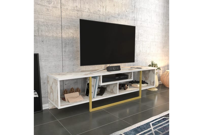 Rinorea Gulvstående TV-bænk 150 cm i Træ med Metalunderstel og Opbevaring - Hvid - Møbler - TV borde & mediemøbler - TV-borde