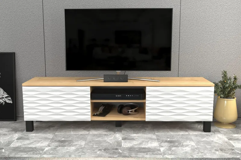 Rinorea Gulvstående TV-bænk 150 cm med Opbevaring i Eg - Hvid - Møbler - TV borde & mediemøbler - TV-borde