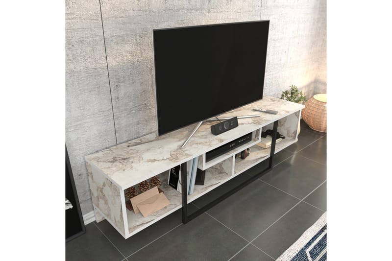 Rinorea Gulvstående TV-bænk 150 cm med Opbevaring i Malet Træ med Marmorlook - Hvid - Møbler - TV borde & mediemøbler - TV-borde
