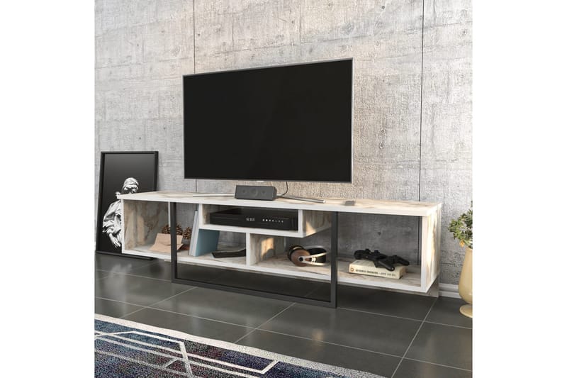 Rinorea Gulvstående TV-bænk 150 cm med Opbevaring i Malet Træ med Marmorlook - Hvid - Møbler - TV borde & mediemøbler - TV-borde