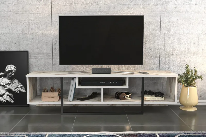 Rinorea Gulvstående TV-bænk 150 cm med Opbevaring i Malet Træ med Marmorlook - Hvid - Møbler - TV borde & mediemøbler - TV-borde