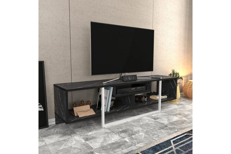 Rinorea Gulvstående TV-bænk 150 cm med Opbevaring i Malet Træ og Marmorlook - Sort - Møbler - TV borde & mediemøbler - TV-borde