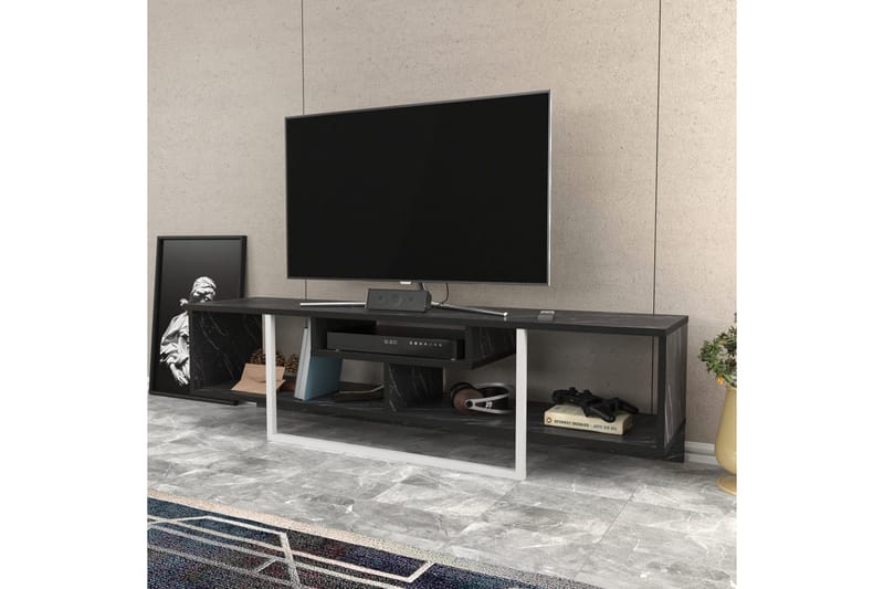Rinorea Gulvstående TV-bænk 150 cm med Opbevaring i Malet Træ og Marmorlook - Sort - Møbler - TV borde & mediemøbler - TV-borde