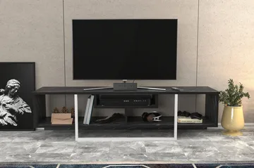 Rinorea Gulvstående TV-bænk 150 cm med Opbevaring i Malet Træ og Marmorlook - Sort - Møbler - TV borde & mediemøbler - TV-borde