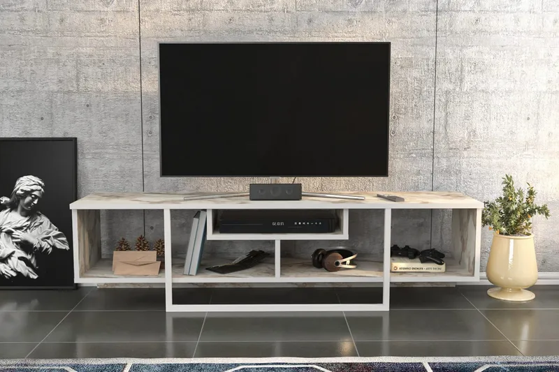 Rinorea Gulvstående Tv-bord 150 cm med Opbevaring i Træ - Hvid - Møbler - TV borde & mediemøbler - TV-borde