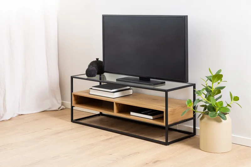 Sakila Gulvstående Tv-bænk 120 cm med Opbevaring i Metal med Træhylde - Sort - Møbler - TV borde & mediemøbler - TV-borde