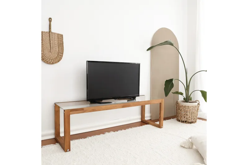 Sqandie Gulvstående Tv-bord 130 cm i Glas med Træramme - Klar - Møbler - TV borde & mediemøbler - TV-borde